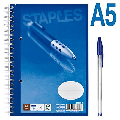 Staples Cuaderno, A5, rayado, 80 hojas, cubierta blanda cartulina, azul